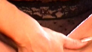 Busty blonde babe masturbates pussy with big dildo