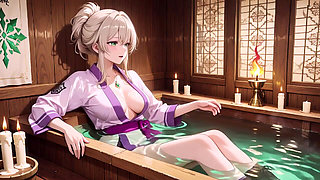 Purple Kimono Warrior! Forbidden Teasing in the Japanese Dojo. Kneeling with a Lifting Her Hem to Reveal Secrets.