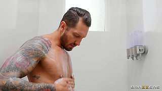 hot stepmother gives blowjob to her son under the shower