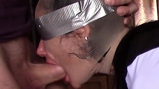 Hooded in Nylon, Blindfolded with Duct Tape, Facialized, and Cummed in Mouth