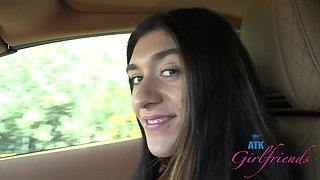 Naughty girl on date gets her pretty pussy rubbed in the car, until she squirts POV (Aubry Babcock