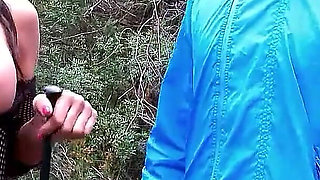 Crazy threesome with skinny Milf and big cocks in the forest