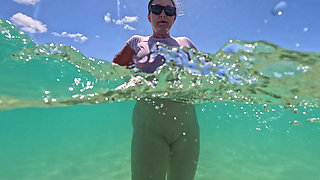 MILF Underwater in Sheer White T-shirt No Panties, Bare Pussy & Ass Close-ups