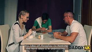Daddy4k. daddy pounds lean chick on a table