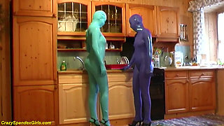Sexy lesbian real spandex catsuit girls at home
