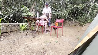 Horny female gives a fellatio and rails a stranger at the campsite.