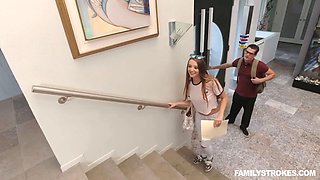 Cute stepsis blows stepbrother on sofa