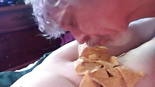 Giggly Submissive "human Plate" Serves Ham and Cheese Sandwich to Dom, on Tits and Pussy