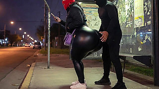 Big Ass Latina in Tight Leather Pants at Bus Stop Strips to Black Leather Thong