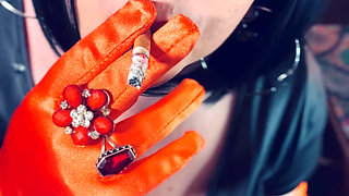 Satin Gloved Cougar Tina Snua Tip To Tails 2 Cigarettes  - Gloves Smoking Smoker Chain Smoking