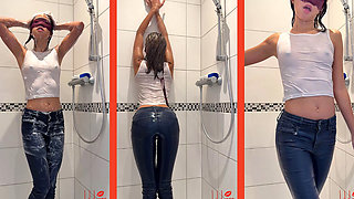 Clothed Shower: Skinny Asian Wet Look in Wet Jeans & Wet Top - Solo Shower Show & Wet Body Admiration