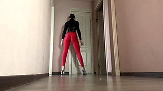 Asmr Mistress in Latex and Red Leggings Strides Across the Room
