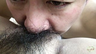 Good-looking love at asian hairy pussy action