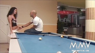 Curly haired angel gets rammed on the pool table