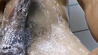 big horny cock closeup in foam while stepmom masturbates in the kitchen