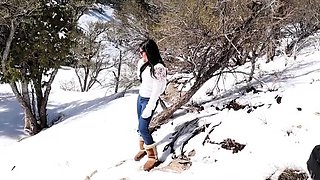 Hot lovers make doggy style sex in the snow