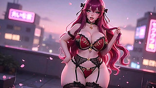 Thicc Pink Haired Babe Moaning and Posing on Rooftop
