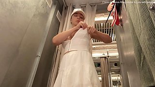 Sexy try on haul clothes fitting in the mall. Naked in the