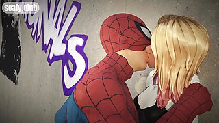 Spiderman hung fan girl on the roof of the building and licked her pussy POV