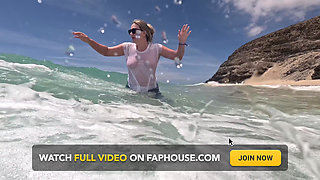 Girl Wetting Jeans in the Ocean and Swimming in Wet White T-shirt