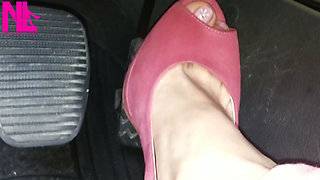 Barefoot Driving and Revving in Vivid Pink High Heeled Sandals