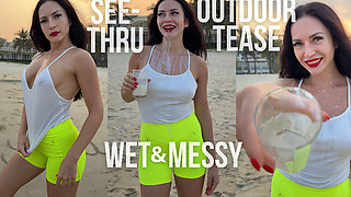 Getting Wet and Messy in See-through Top Outdoor