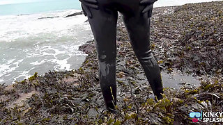 Rubbery Beach Encounter: Lucy's Neoprene Pussy Play with Stranger