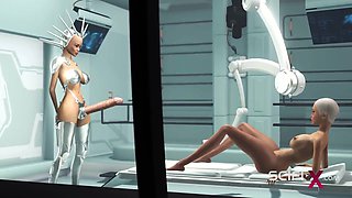 Space sex in the sci-fi lab. A hot young hottie has anal sex with a female dickgirl