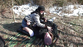 Dark haired German girl riding and sucking a loaded pecker