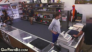 Pawn twink 3way sucked and fucked in pawn shop office