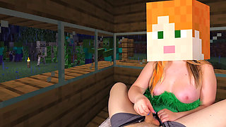Hot Alex From Minecraft Fast Jerking off Steve's Hard Cock in a Cozy House, While Creepers and Skeletons Roam the Night Village