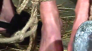 Blonde Girl Has Weights Attached to Her Feet and Is Hoisted up for Whipping