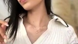 Busty curly brunette with big boobs fucks on couch