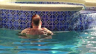 Hot Long Haired Ginger MILF Taking a Dip and Fucking in Outdoor Pool