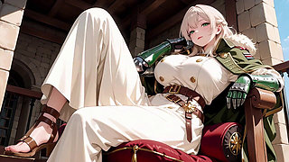 Blonde Knight's Afternoon! Green Uniform Golden Mechanical Arms, Lazily Contemplating in Ancient Stone Ruins.