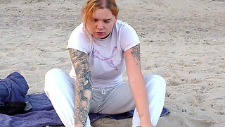 POV. You Watch as a Busty Model, of Your Presence, Strips Naked on the Beach, Bathes, and Plays in the Sand.
