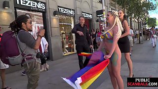 Public slut drinks piss and cum in front of voyeurs