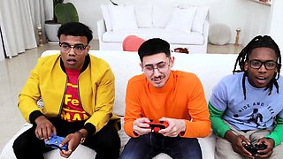 Stepmom takes two cocks while nerdy son plays games