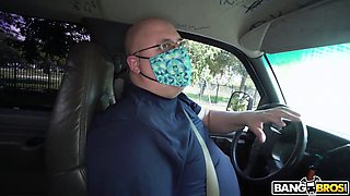 Ava Sinclaire gets her face mask on and fucks hard on Bang Bus with her busty friend, Jimmy Michaels