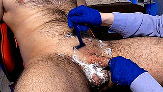 Another dick shaving session with an oily handjob and a happy ending