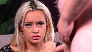 Nesty blonde babe giving HJ to smalldick