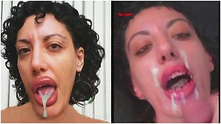 Cumming on my wife's face—I covered her big lips with semen.