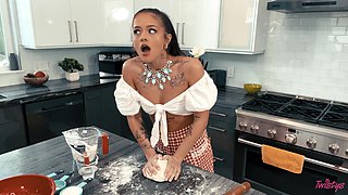 slutty latina maid gets eaten out in the kitchen