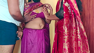 Sisters enjoying threesome romance in bed with neighbour batchelor men