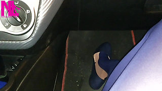 Dangling in Blue Pantyhose and Blue Flats on a Gas Station