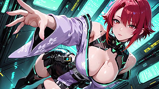 Ai-purple Kimono Seduction in the Neon Train Car, Fingertips Touching Collar, a Gaze That Drenches You!