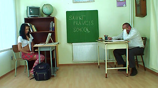 Sexy babe sucks teachers huge cock before getting  a hard fuck