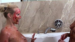 Pussy toying blonde fetish lesbians piss on each other