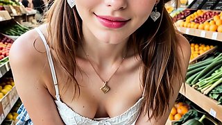 Brown haired babe blowjobs cock in public market