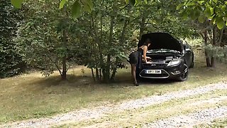 Texas Patti seduces her husband with wild outdoor sex & rides his car mechanic's big black cock